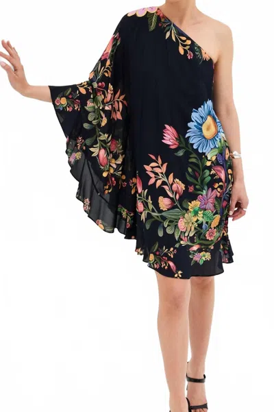 Borgo De Nor Sheye Viscose Crepe Mini One Shoulder Printed Dress In Sierra Placement Black