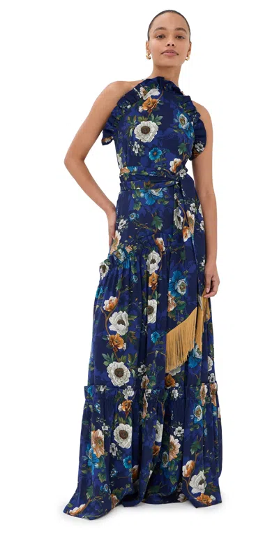 Borgo De Nor Tatiana Crepe Satin Dress Magical Blossom Navy In Blue