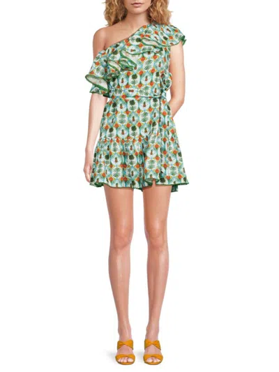 Borgo De Nor Pietra One-shoulder Printed Cotton And Linen-blend Mini Dress In Green