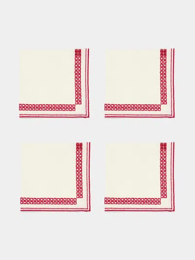 Borgo Delle Tovaglie Eva Rosso Embroidered Linen Napkins (set Of 4)  Abask Gift Set In White