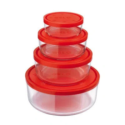 Bormioli Rocco Gelo Storage Container Set With Red Lid (11.75 Oz., 24.25 Oz., 44.75 Oz., 93.75 Oz.) In Clear