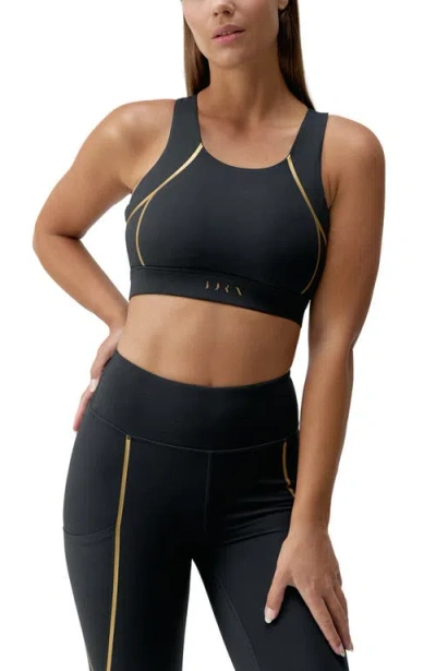 Born Living Yoga Gold Medium Support Performance Sport Top In Black