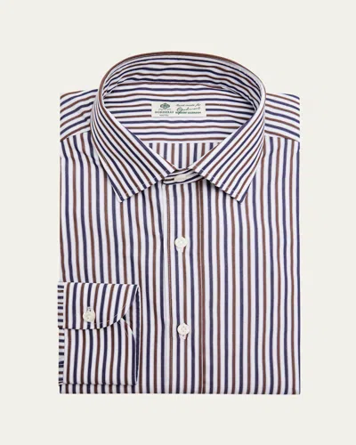 Borrelli Men's Bicolor Stripe Cotton Dress Shirt In Navy Brown/white