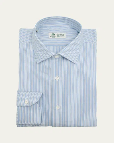 Borrelli Men's Cotton Multi-stripe Point Collar Dress Shirt In Blue