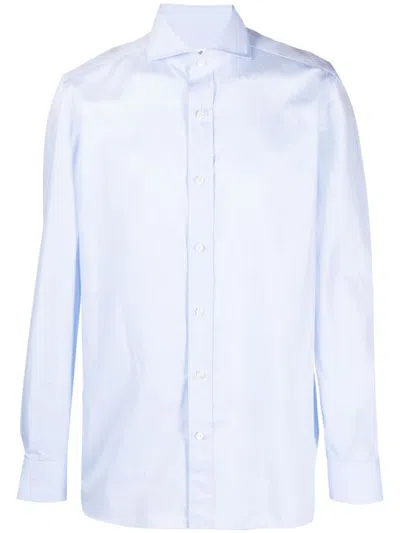 Borrelli White Twill Shirt With Structured Collar In Sky Blue