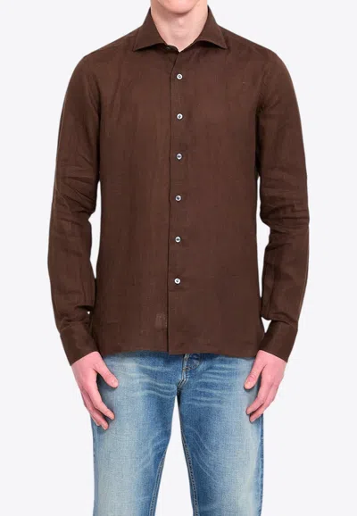 Borriello Napoli Marechiaro Long-sleeved Linen Shirt In Brown