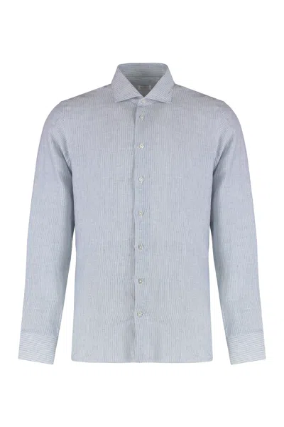 Borriello Napoli Striped Linen Shirt With Rounded Hem In Light Blue