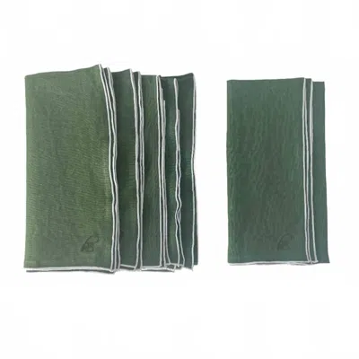 Borrowed Blu Stone Washed Linen Napkins Set Of 4 In Olive+white Trim In Green