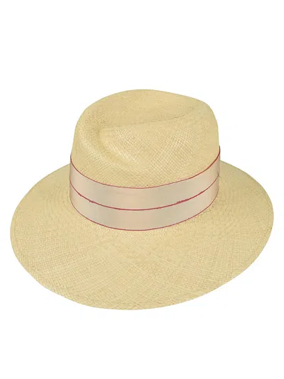 Borsalino Bow Logo Woven Hat In Cream/fuchsia
