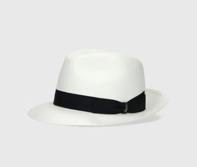 Borsalino Federico Panama Fine Medium Brim In White, Blue Hat Band