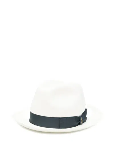 Borsalino Federico Raffia Hat Grosgrain Ribbon Wide Brim In White