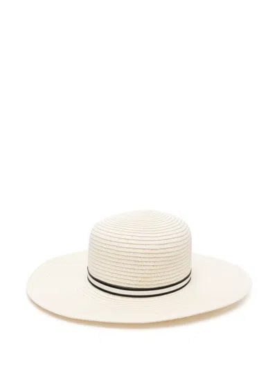 Borsalino Ribbon Detail Wide Brim Woven Texture Hat In Beige