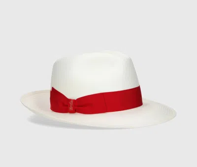 Borsalino Giulietta Panama Fine Wide Brim In White, Raspberry Red Hat Band