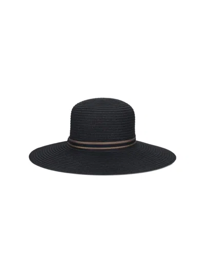 Borsalino Ribbon Detail Wide Brim Hat In Black