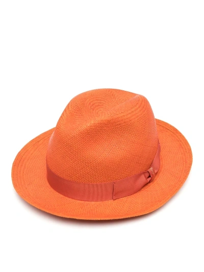 Borsalino Interwoven Designed Panama Hat With Buckle In Orange