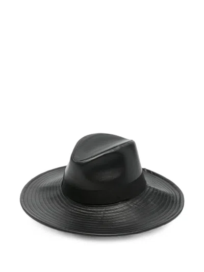 Borsalino Leather Fedora Hat In Black