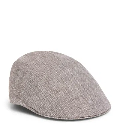 Borsalino Linen Herringbone Parigi Duckbill Flat Cap In Gray