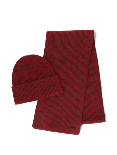 Borsalino Logo-plaque Ribbed Beanie Set In Burgundy