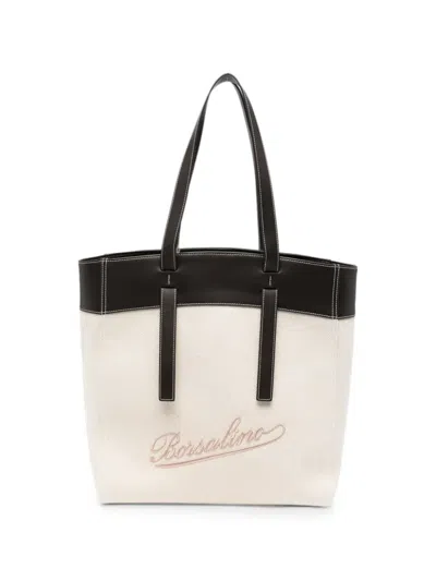 Borsalino Logo-embroidered Contrast-trim Tote Bag In White