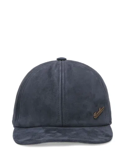 Borsalino Otis Suede Leather Cap In Blue