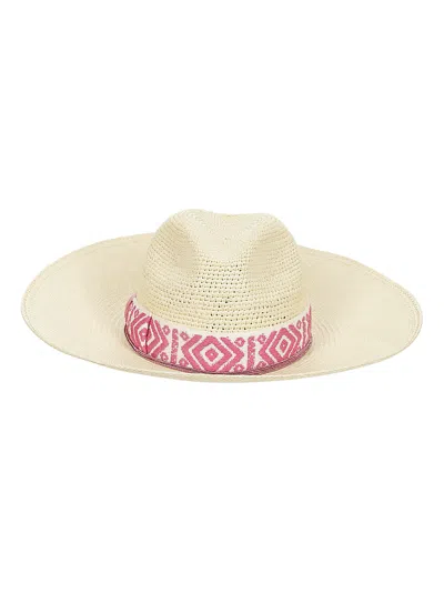 Borsalino Panama Semicrochet In Natural, Patterned Fuchsia/cream Hat Band