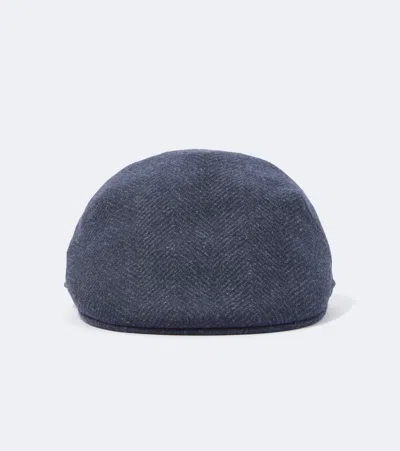 Borsalino Parigi Herringbone Virgin Wool Flat Cap In Blue