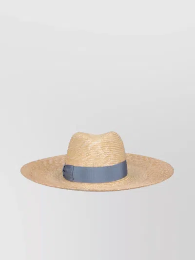 Borsalino Ribbon Detail Wide Brim Straw Hat In Beige