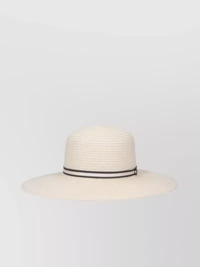 Borsalino Ribbon Detail Wide Brim Woven Texture Hat In White