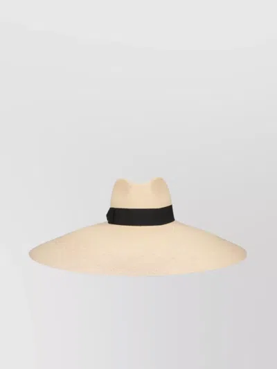 Borsalino Ribbon Wide Brim Woven Texture Hat In Beige