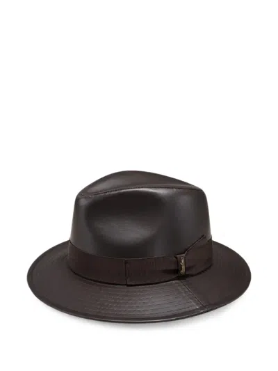 Borsalino Sophia Grosgrain-trim Leather Fedora Hat In Brown