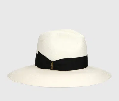 Borsalino Sophie Panama Fine Wide Brim In White, Black Hat Band