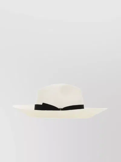 Borsalino Straw Hat Ribbon Detail In White