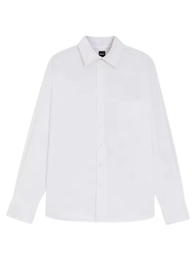 Boss Black Long Sleeve Button-up Shirt With Chest Pocket And Embroidered Logo In White