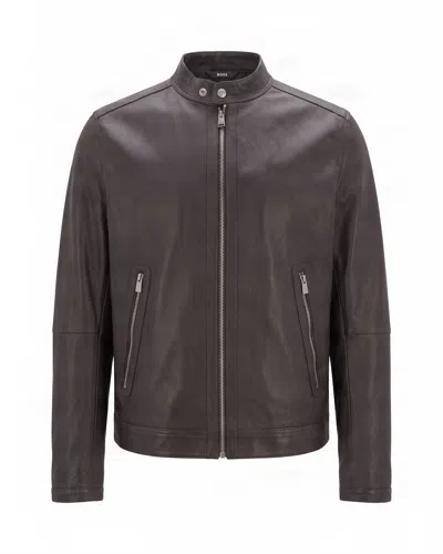Boss Black Men's Leather Zip-front Biker Jacket In Open Brown