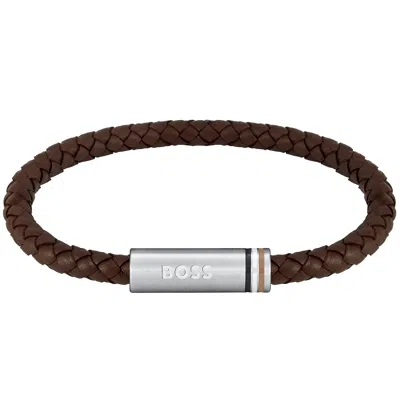 Hugo Boss Boss Aresi Braided Leather Bracelet Brown