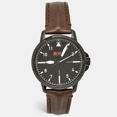 Pre-owned Boss By Hugo Boss Black Ion Plated Stainless Steel Leather Orange 1550062 Men's Wristwatch 42 Mm In Brown