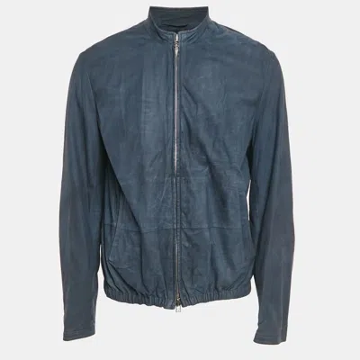 Pre-owned Boss By Hugo Boss Blue Suede Zip-up Jacket Xl