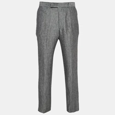 Pre-owned Boss By Hugo Boss Grey Pinstripe Linen Straight-leg Trousers Xl In Gray