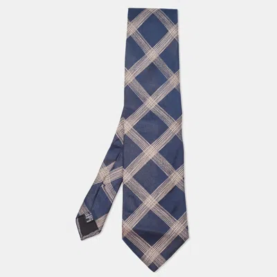 Boss By Hugo Boss Navy Blue Checked Silk Satin Tie