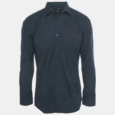 Pre-owned Boss By Hugo Boss Navy Blue Cotton And Knit Trim Slim Fit Shirt L