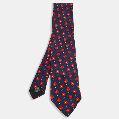 Boss By Hugo Boss Navy Blue Floral Printed Textured Silk Tie In Black