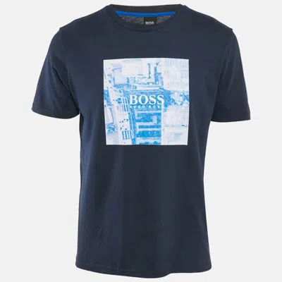 Pre-owned Boss By Hugo Boss Navy Blue Print Cotton Crew Neck T-shirt M