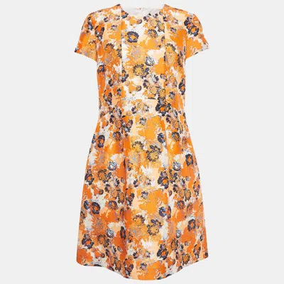 Pre-owned Boss By Hugo Boss Orange Floral Print Silk Mini Dress M