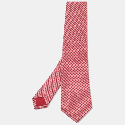 Pre-owned Boss By Hugo Boss Red/pink Geometric Patterned Jacquard Silk Tie