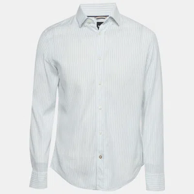 Boss By Hugo Boss White/blue Cotton Blend Striped Casual Fit Shirt