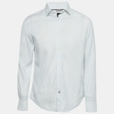 Pre-owned Boss By Hugo Boss White/blue Cotton Blend Striped Casual Fit Shirt M
