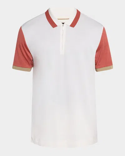 Hugo Boss Men's Parkau Cotton And Silk Quarter-zip Polo Shirt In White