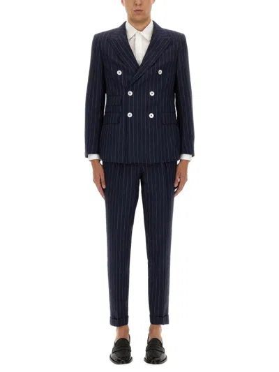 Hugo Boss Boss Camel Tailored Double-breasted Linen Suit With Pinstripe Design In Blue