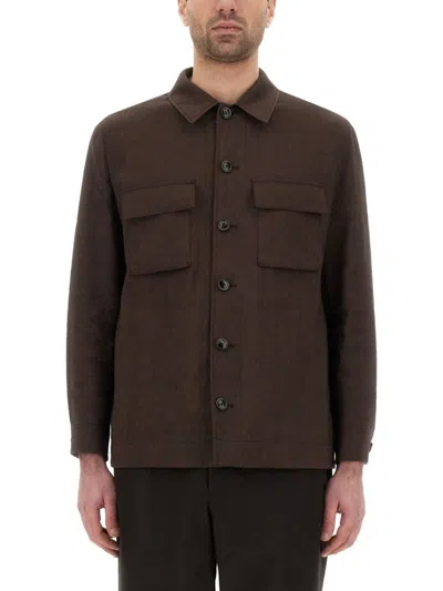 Boss Camel Textured Brown Button-up Jacket With Classic Collar In Black