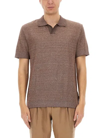 Hugo Boss Boss Camel Textured Knit Polo Shirt In Brown